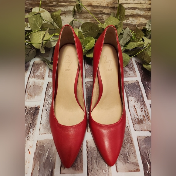 27 Edit Red Leather Pointed Toe Pumps Size 6 - Picture 3 of 10